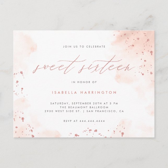 Invitation Carte Postale Parties scintillant or Rose moderne Blush Pink Omb (Devant)