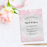 Invitation Carte Postale Parties scintillant rose argent d'anniversaire élé<br><div class="desc">Pour un 21ème anniversaire élégant (ou tout âge). Un arrière - plan faux argenté. Décoré de faux parties scintillant rose,  brille. Personnalisez et ajoutez un nom,  un âge et des détails de la fête. Le nom est écrit avec un script de style manuscrit</div>