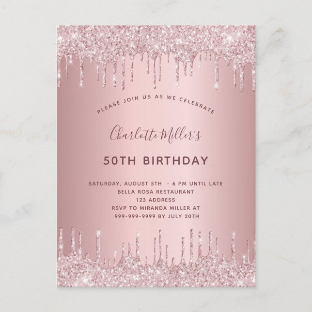 Invitation Carte Postale Parties scintillant rose d'anniversaire gouttes po (Devant)