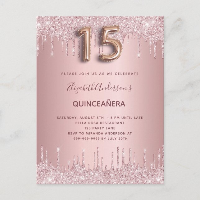 Invitation Carte Postale Parties scintillant rose vif Quinceanera gouttes (Devant)