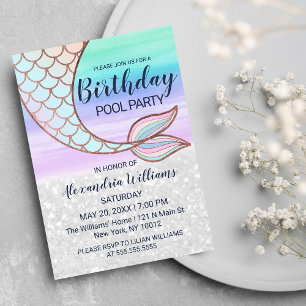 Invitation Carte Postale Parties scintillant turquoise en verre rose Mermai