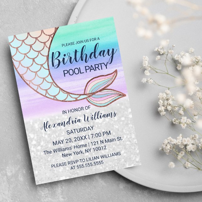Invitation Carte Postale Parties scintillant turquoise en verre rose Mermai (Teal Pink Glam Glitter Mermaid Tail Pool Birthday Invitation Postcard )