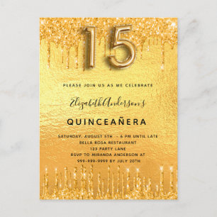 Invitation Carte Postale Partition Quinceanera gouttes d'or