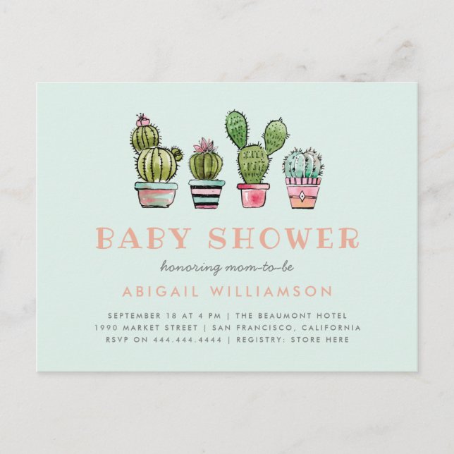 Invitation Carte Postale Pastel Aquarelle Succulent Baby shower Cactus (Devant)