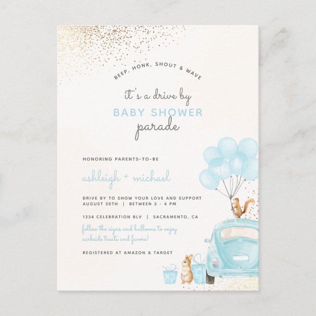 Invitation Carte Postale Pastel Blue Balloons Voiture En Boy Baby shower (Devant)