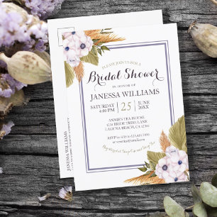 Invitation Carte Postale Pastel Floral Pampas Fête des mariées en laiton In