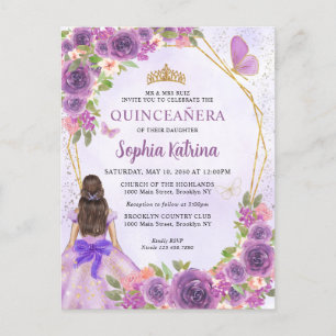 Invitation Carte Postale Pastel Purple Gold Floral Princess Quinceañera