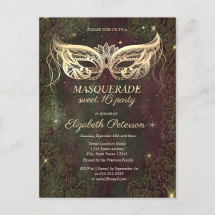 Invitation Carte Postale Patina Copper Gold Masque Sweet 16