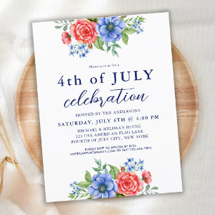 Invitation Carte Postale Patriotique Floral Rouge Bleu 4 juillet