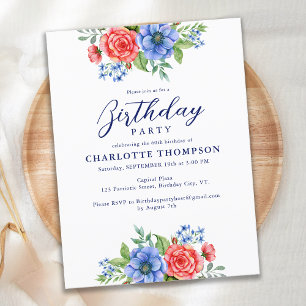 Invitation Carte Postale Patriotique Floral Rouge Bleu Bleu Anniversaire