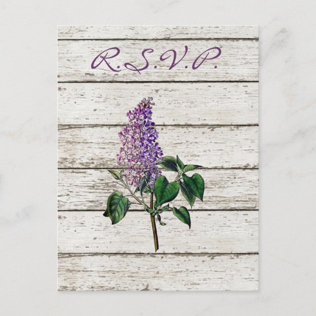 Invitation Carte Postale pays blanc grange bois violet lilas mariage (Devant)