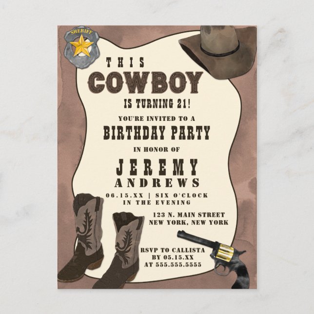 Invitation Carte Postale Pays Brown Cowboy Aquarelle Anniversaire (Devant)
