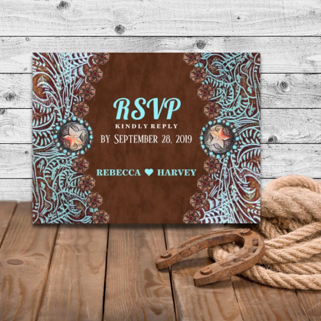 Invitation Carte Postale pays brun turquoise mariage occidental RSVP (turquoise brown country western wedding RSVP Invitation Postcard)