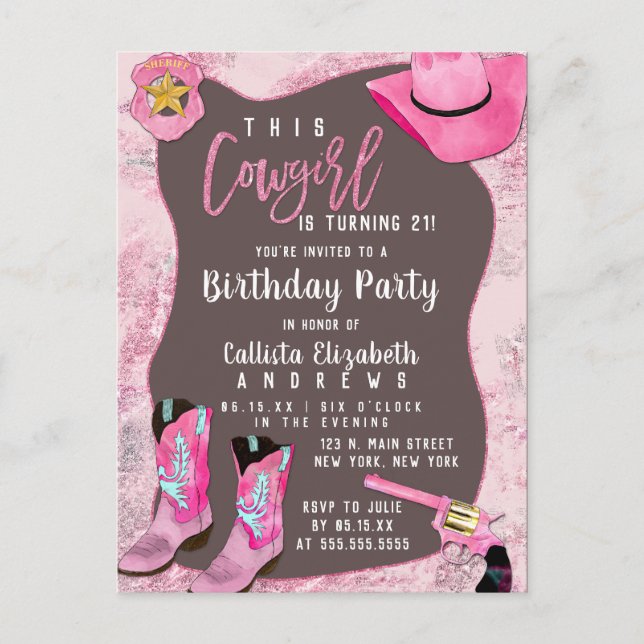 Invitation Carte Postale Pays Parties scintillant rose fille Aquarelle Anni (Devant)