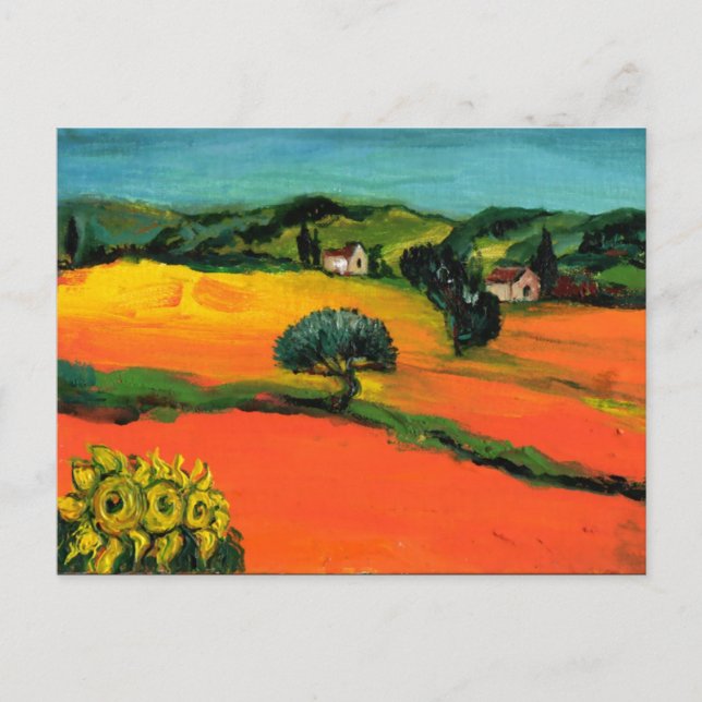 INVITATION CARTE POSTALE PAYSAGE DE TOSCANE AVEC DÉBORDEMENT EN ORANGE ROUG (Devant)