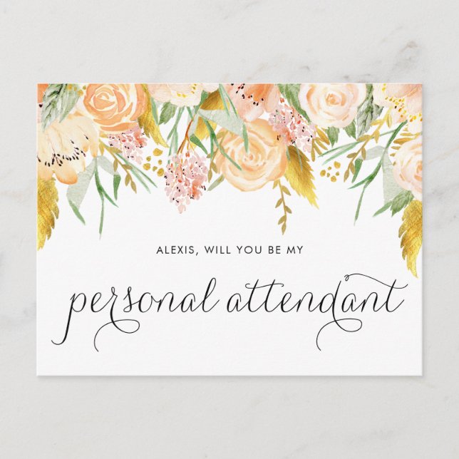 Invitation Carte Postale Peach Flowers Gold Foil Soyez Mon Accompagnateur P (Devant)