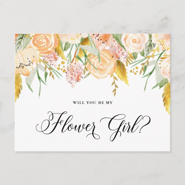 Invitation Carte Postale Peach Flowers Gold Vous Serez Flower Girl Card (Devant)