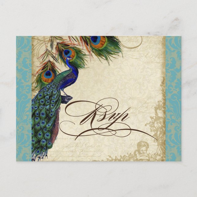 Invitation Carte Postale Peacock & Feathers Mariage officiel Réponse RSVP (Devant)
