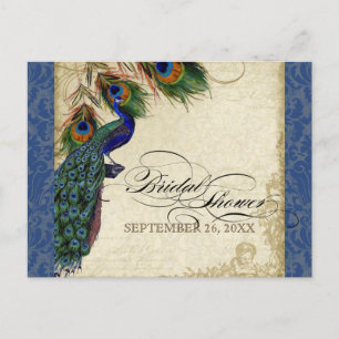 Invitation Carte Postale Peacock Feathers Vintage Navy Blue Fête des mariée