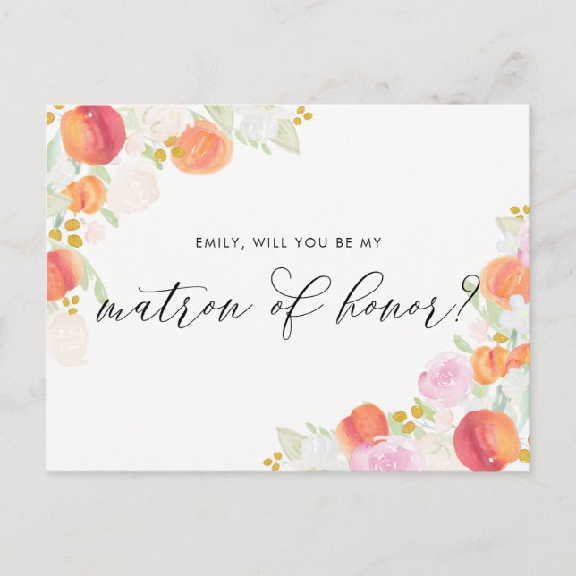 Invitation Carte Postale Pêches et fleurs à l'aquarelle, soyez ma dame d'ho (Devant)