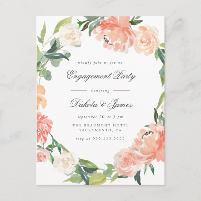 Invitation Carte Postale Peonies & Eucalyptus Green Engagement Party (Devant)