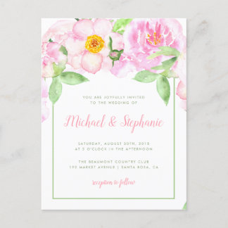 Invitation Carte Postale Peonies roses Aquarelle Florale Printemps Mariage