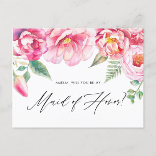 Invitation Carte Postale Peonies roses serez-vous ma servante d'honneur pro