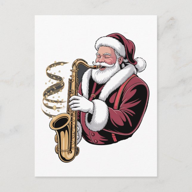 Invitation Carte Postale Père Noël jouant du saxophone Musicien de Noël Sax (Devant)