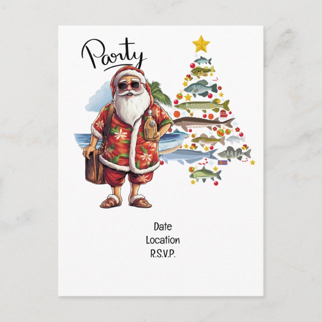 Invitation Carte Postale Père Noël rejoint les fans de pêche pour la fête d (Devant)