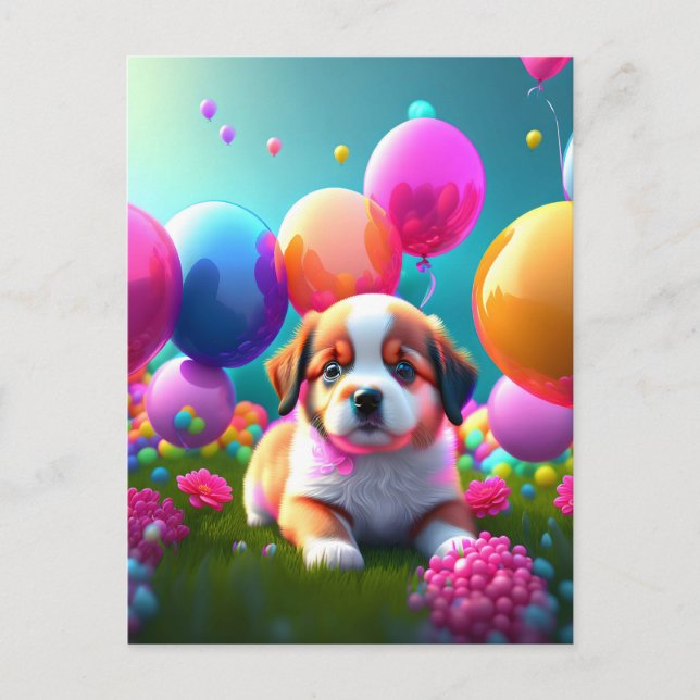 Invitation Carte Postale Petit chiot avec ballons - anniversaire (Devant)