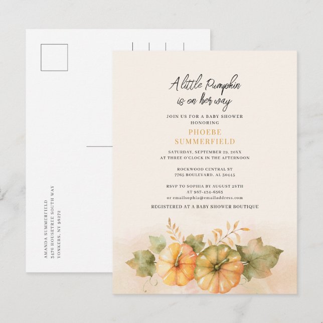 Invitation Carte Postale Petit Citrouille sur le chemin Baby shower d'autom (Devant / Derrière)