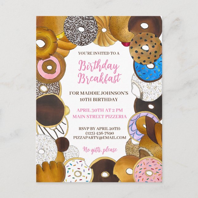 Invitation Carte Postale Petit-déjeuner d'anniversaire Brunch Doughnut Donu (Devant)