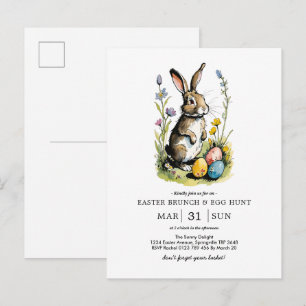 Invitation Carte Postale Petit déjeuner de Pâques & Chasse aux œufs   Lapin