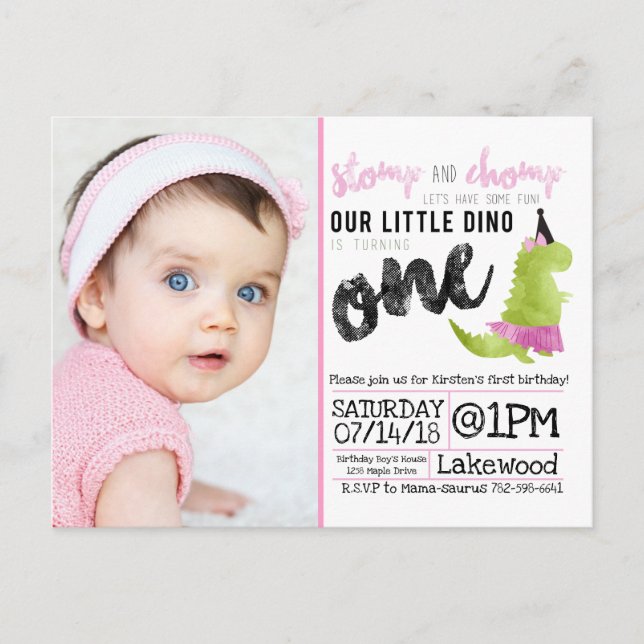 Invitation Carte Postale Petit Dinosaur Tutu Pink Dinosaur Ballerina Vert (Devant)