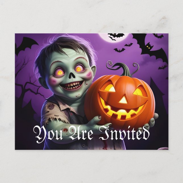 Invitation Carte Postale Petit Monstre Vert et ami Citrouille (Devant)