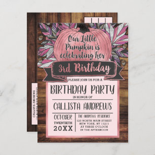 Invitation Carte Postale Petite Citrouille automne laisse rose bois Anniver