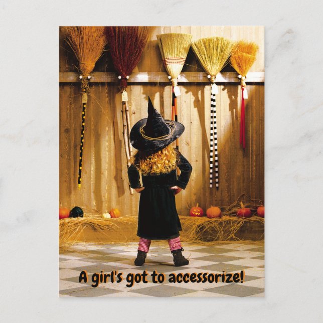 Invitation Carte Postale Petite sorcière choisissant un balai (Devant)