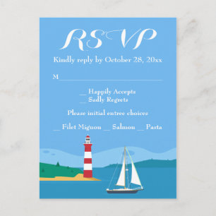 Invitation Carte Postale Phare et voilier RSVP nautique Océan bleu
