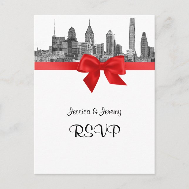 Invitation Carte Postale Philadelphie Skyline Etch BW Red RSVP 1 (Devant)