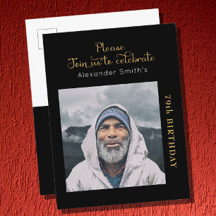 Invitation Carte Postale Photo Black Gold Script Anniversaire