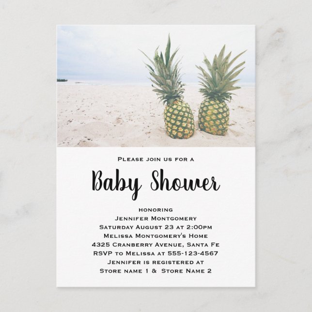 Invitation Carte Postale Photo de 2 ananas sur un Baby shower de plage (Devant)