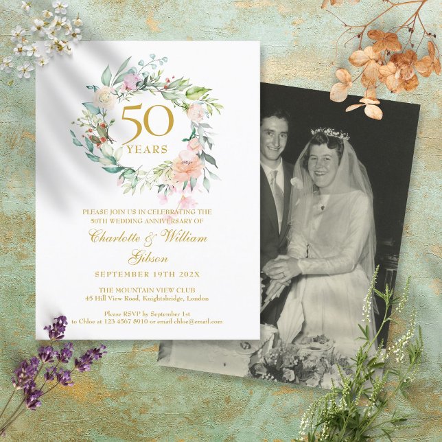 Invitation Carte Postale Photo de l'anniversaire de mariage de 50 ans Roses (Créateur téléchargé)