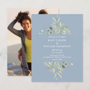 Invitation Carte Postale Photo de mariage avec eucalyptus verdoyant bleu po