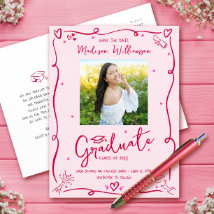 Invitation Carte Postale Photo de remise des diplômes avec gribouillis rose