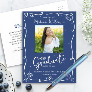 Invitation Carte Postale Photo de remise des diplômes Blue White Doodles En