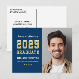 Invitation Carte Postale Photo du Graduate Navy Gold Graduation Party 2023