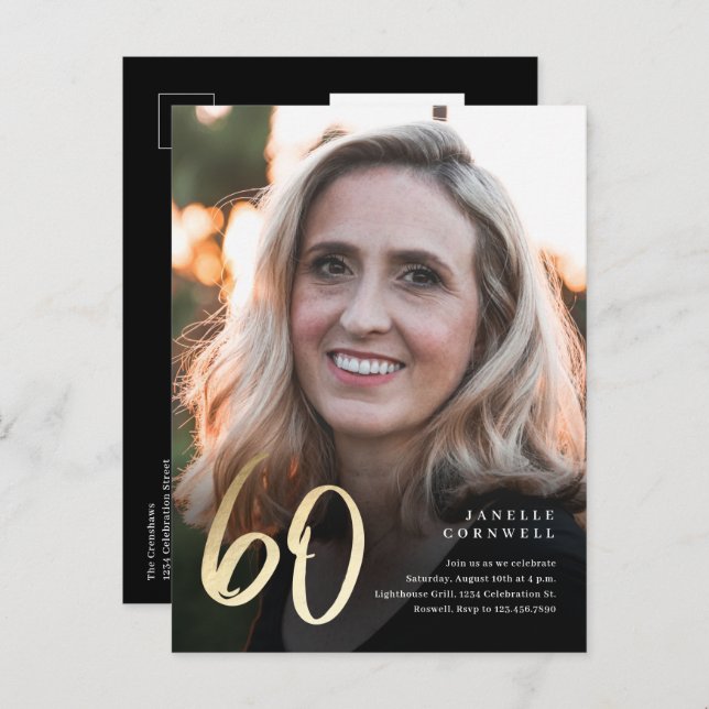 Invitation Carte Postale Photo moderne 60e anniversaire Script noir & or (Devant / Derrière)