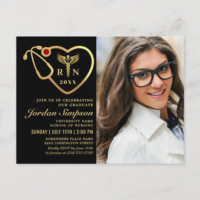 Invitation Carte Postale Photo moderne Black Gold Nursing Graduation (Devant)