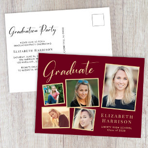 Invitation Carte Postale Photo moderne Burgundy Gold Graduation Party