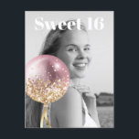 Invitation Carte Postale * Photo Sweet 16 Balloon Rose Anniversaire AP29<br><div class="desc">(rechercher AP29 pour des designs similaires sur différents produits) (Cette conception peut être facilement adaptée à N'IMPORTE QUEL ÂGE ou ÉVÉNEMENT )) Rejoignez si vous avez besoin d'aide. *~* Carte Postale Energy Enhanced / Carte postale. Modifier / Modifier le texte et la photo de la douce fille d'anniversaire 16. Abstrait...</div>
